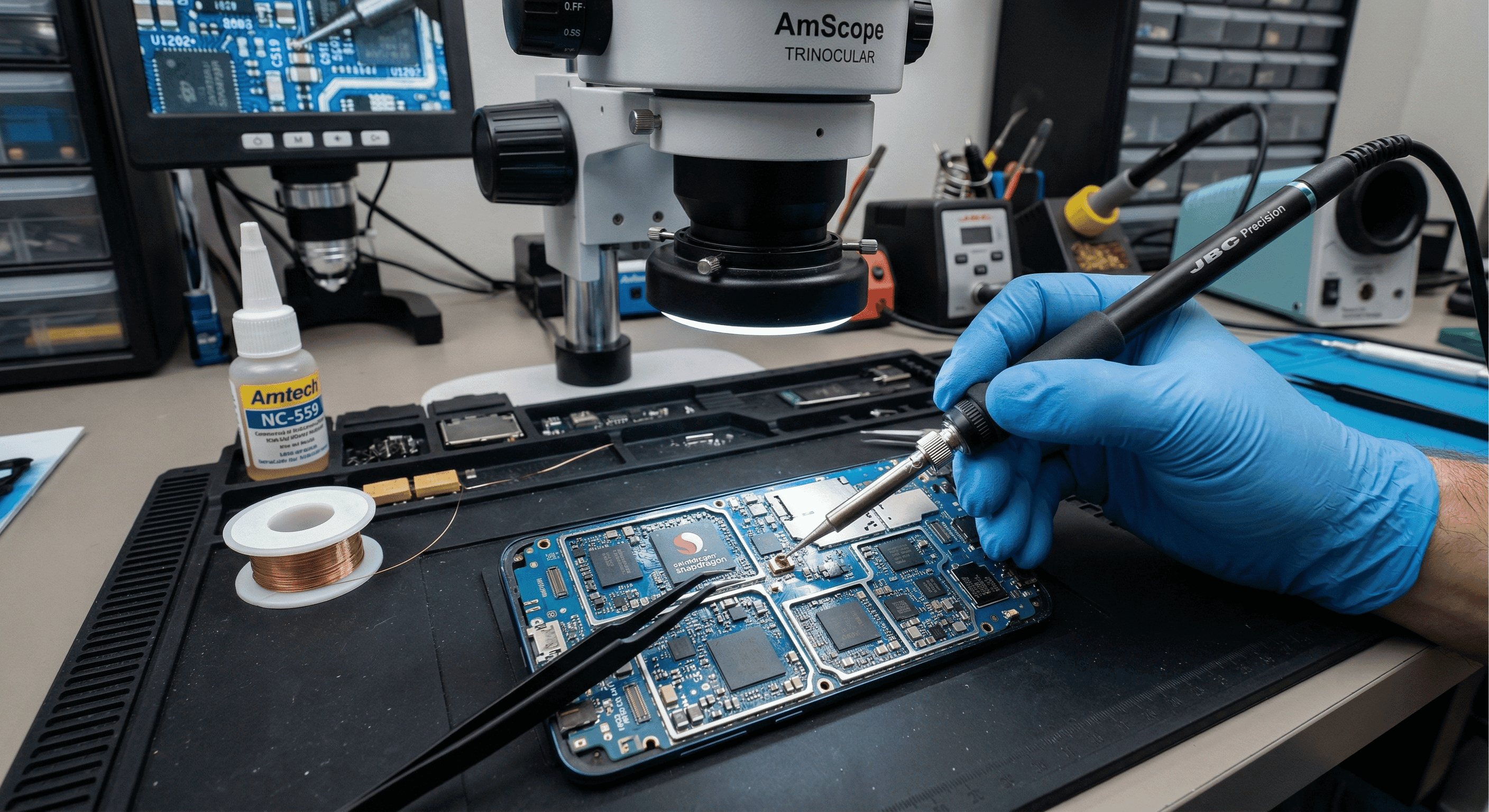 Bancada com microscópio e placa de circuito para reparo