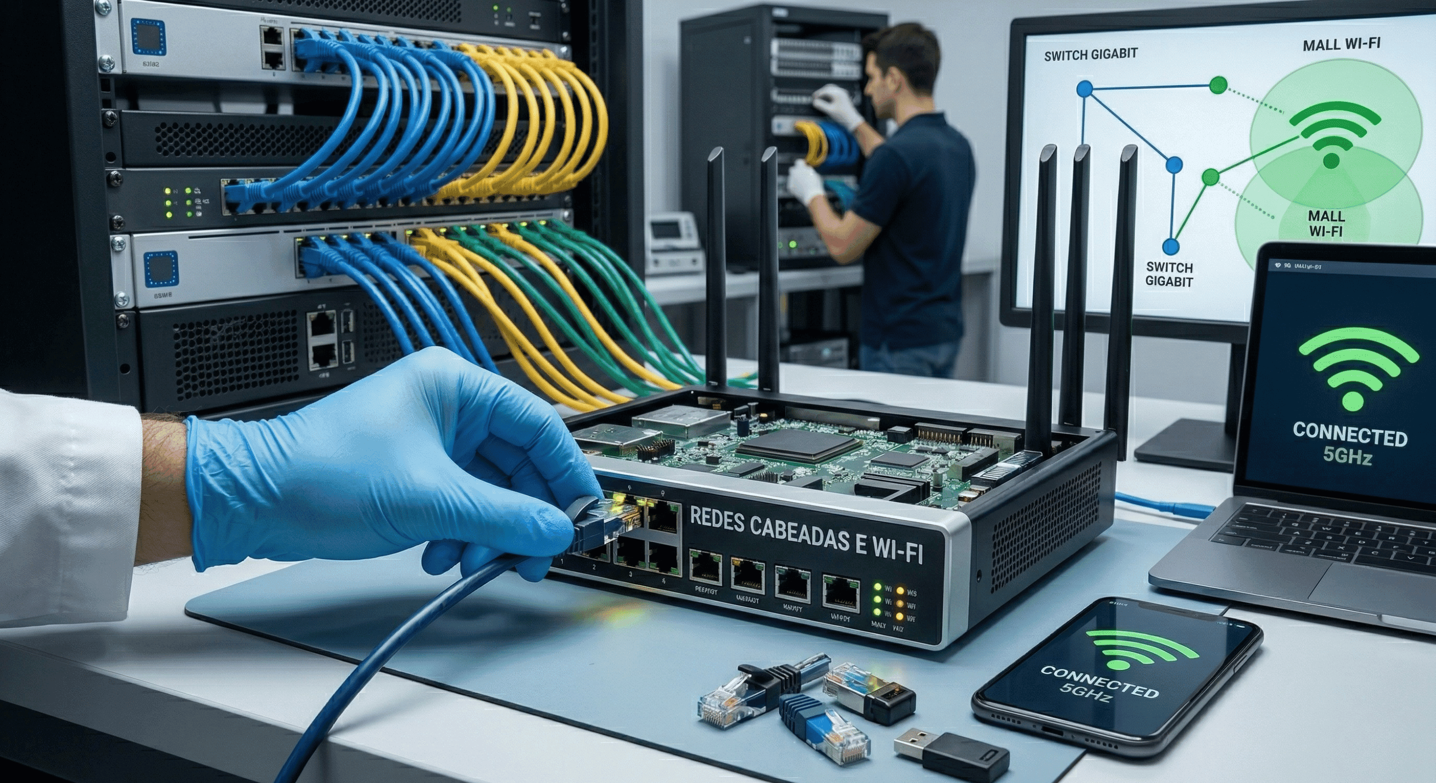 Cabos de rede e switch em rack