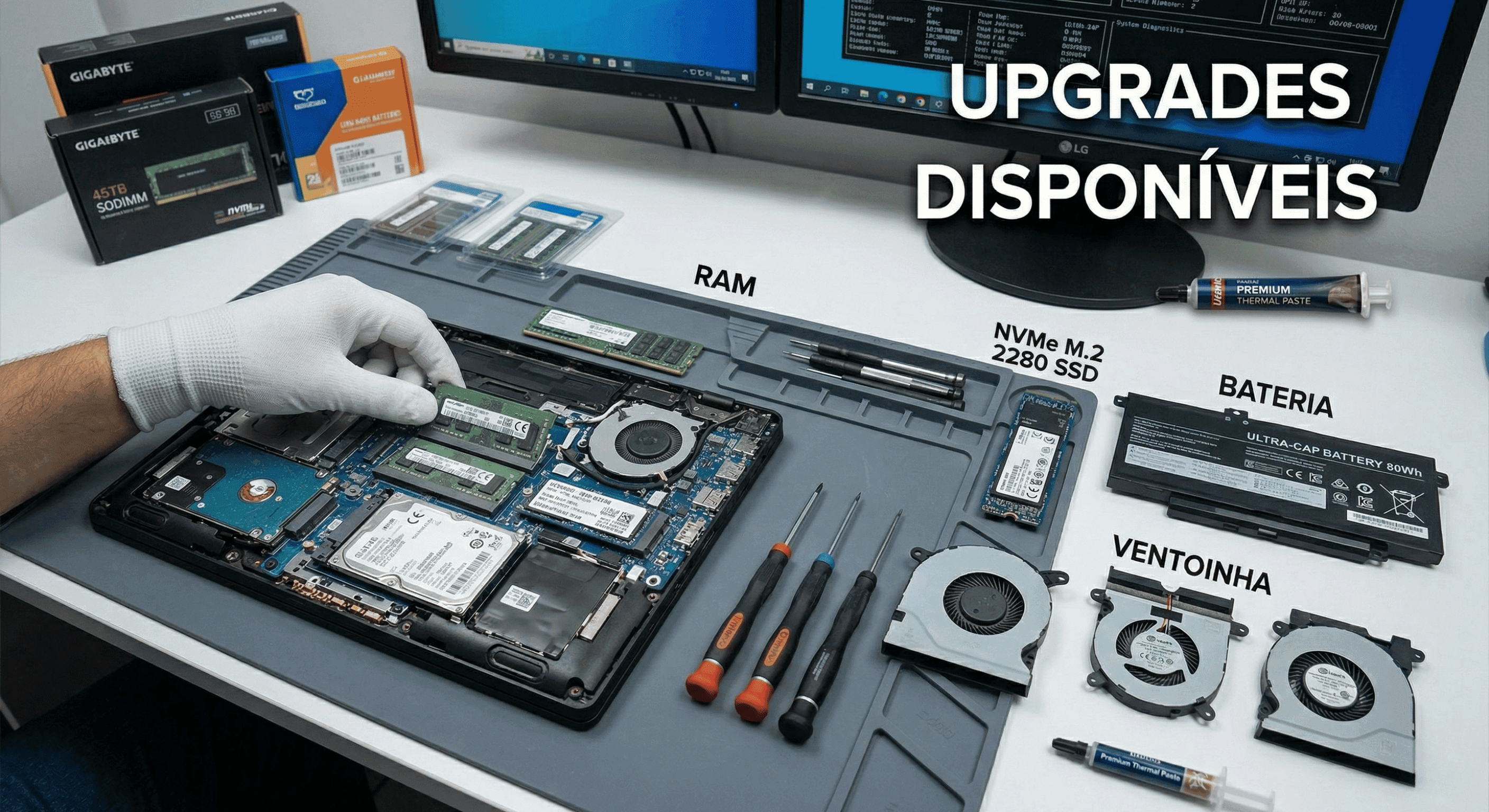 SSD, memória RAM e peças para upgrade de notebook